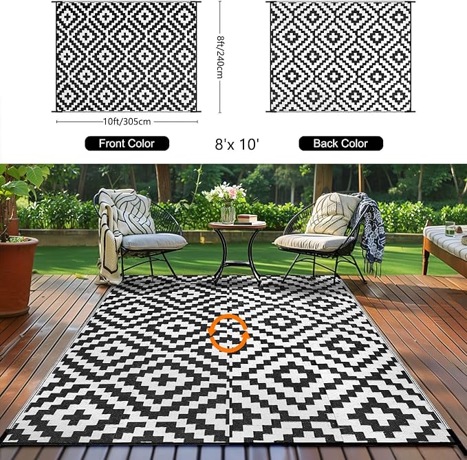 Outdoor Patio Plastic Straw Rug - 8x10 ft Outdoor Camping Rug Waterproof Reversible, Area Carpet Patios Clearance RV, Outside Porch Balcony Deck for Camper, Black & White