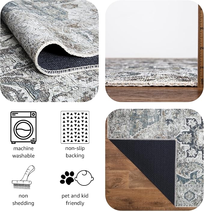 Keen Home Design Vintage Washable Entryway Rug, Non-Slip Low Pile, 2x3 | Machine Washable Cotton Chenille, 0.25In Low Pile, Rubber Non-Slip Back; Kitchen, Entryway, Bathroom, Bedside