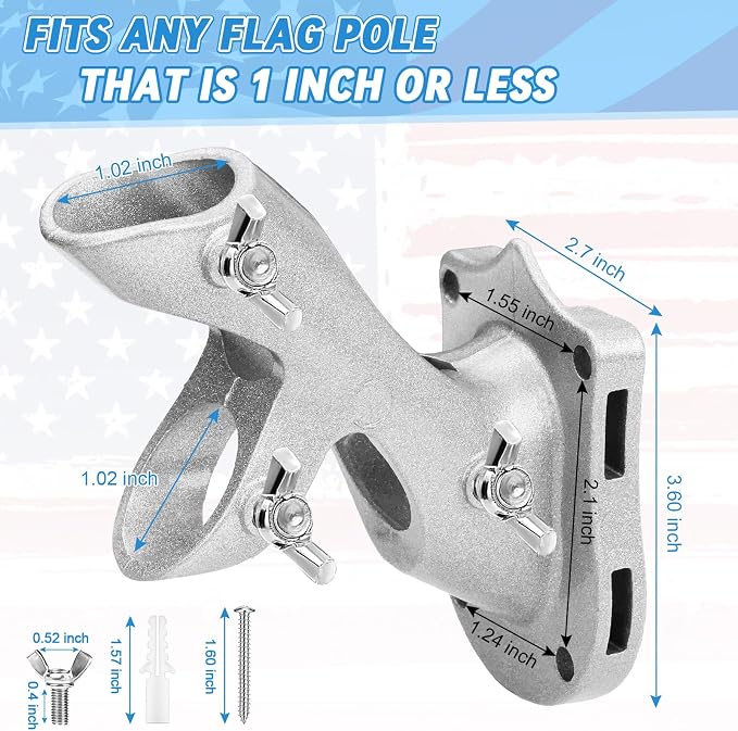 1" Flag Pole Holder for Outside House, REERON 2-Positions Metal Flagpole Bracket Mounts, Aluminium Rustproof Flag Pole Wall Porch Mounting Brackets with 3 Fixed Holes & Steel Hardwares (Silver-1 Pack)