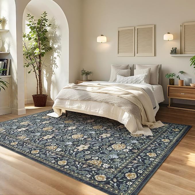 GarveeHome Washable Area Rug 5x7, Retro Floral Low Pile Non Slip Living Room Rug Soft Cottage Core Rug Farmhouse Indoor Carpet for Bedroom Dining Room Playroom