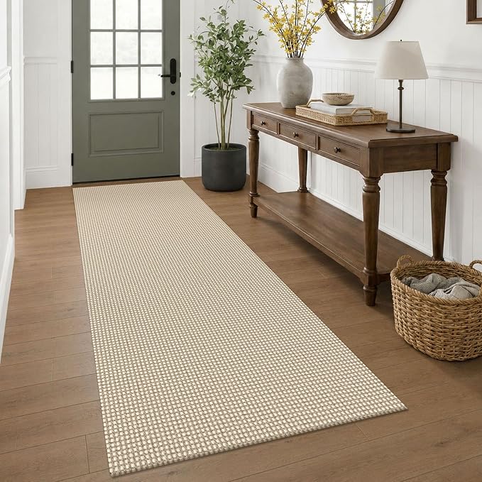KOZYFLY Woven 3x7 Washable Kitchen Runner Rug, Non Slip Wide Runners for Hallway, Cotton Entryway Runner, Braided Floor Carpet for Entry, Kitchen, Bedside, Hall, Ivory/Camel/Brown