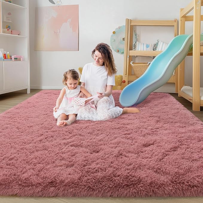 8x10 Large Area Rugs for Living Room, Fluffy Washable Blush Pink | Upgrade Non-slip, 8 x 10 Big Shag Rug for Girls Bedroom Kids Nursery, Modern Shaggy Furry Carpet for Dorm, Flame Resistant