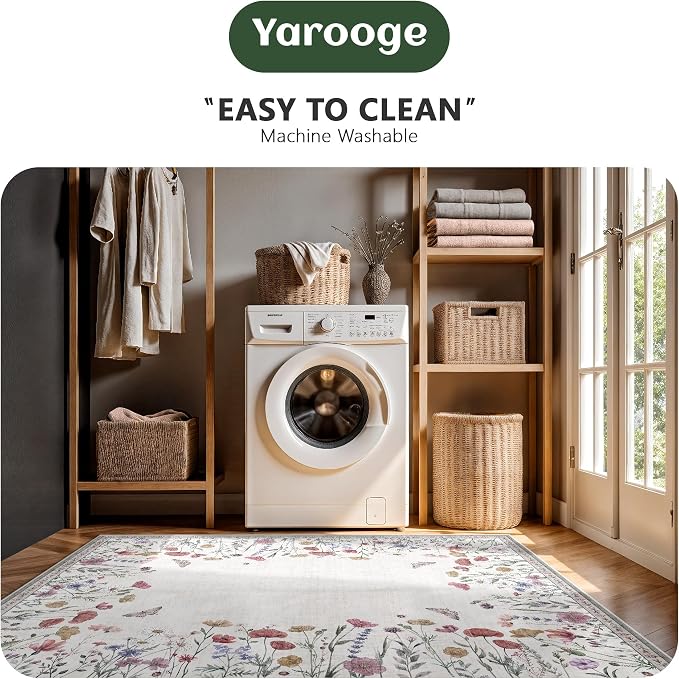 5x7 Area Rugs, Rugs for Bedroom, Indoor Non-Slip Washable Rug for Living Room, Dining Room, Low Pile Home Decor Floral Rug(Classic Beige)