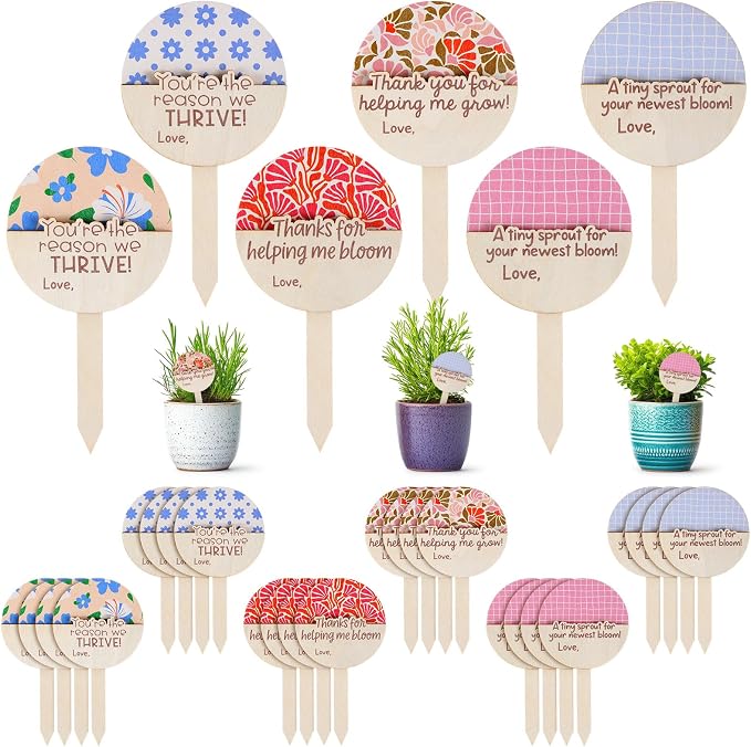 Fumete 24 Pcs Teacher Appreciation Gifts Wooden Teachers Plant Stakes Labels Thank You Gift Card Holder Bulk Decorative Plant Tags Sign Thank You Gifts for Teacher's Day Garden Supplies