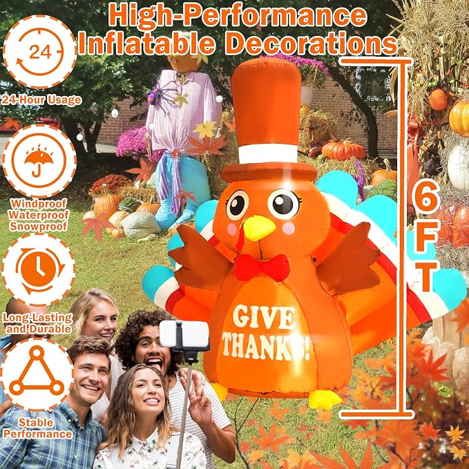 6FT Thanksgiving Inflatable Outdoor Decoration Turkey Inflatable Patio Decoration with Built-in LED Lights, Suitable for Thanksgiving Holiday Party, Patio, Lawn, Garden Winter Decoration