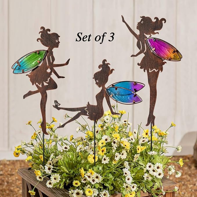 Charming Colorful Wing Fairy Metal Stakes, Outdoor Garden Patio Lawn Yard Decor