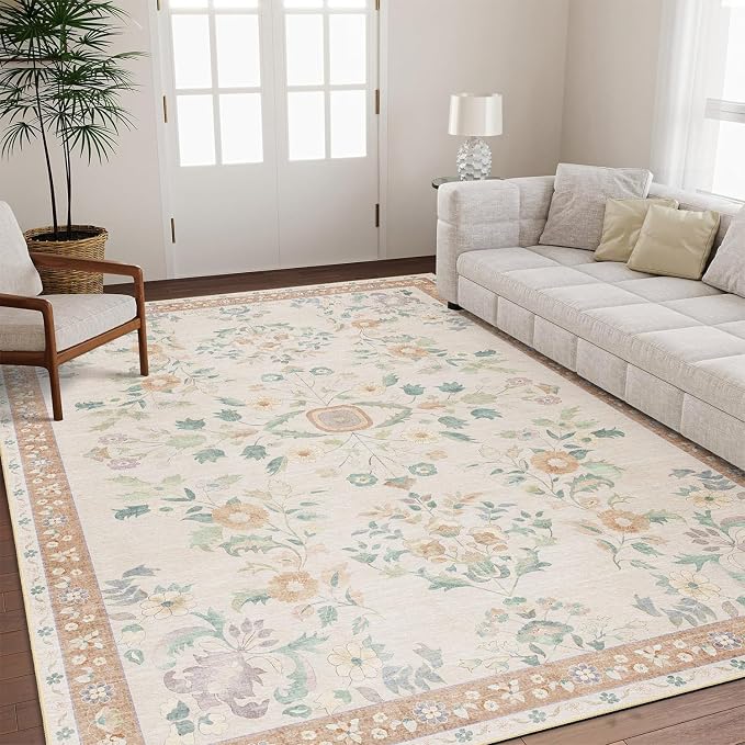 8x10 Area Rugs Washable Floral Rug Non Slip Ultra-Thin Large | Machine Washable Throw Carpet for Living Room Dining Room Bedroom Floor Indoor Low Pile Boho Vintage Beige