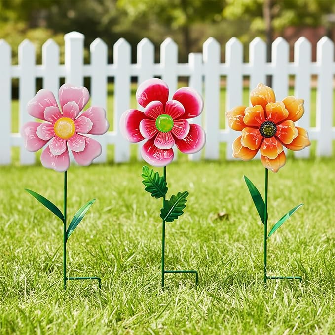 3pcs Flowers Yard Wind Spinners Outdoor Decoration Stakes Lawn Ornaments | WEIBEFEE; Lawn Decorations Garden Stakes, Metal Outside Decorations for Metal Yard Art Flower Garden Decor, Spring Mom Gifts