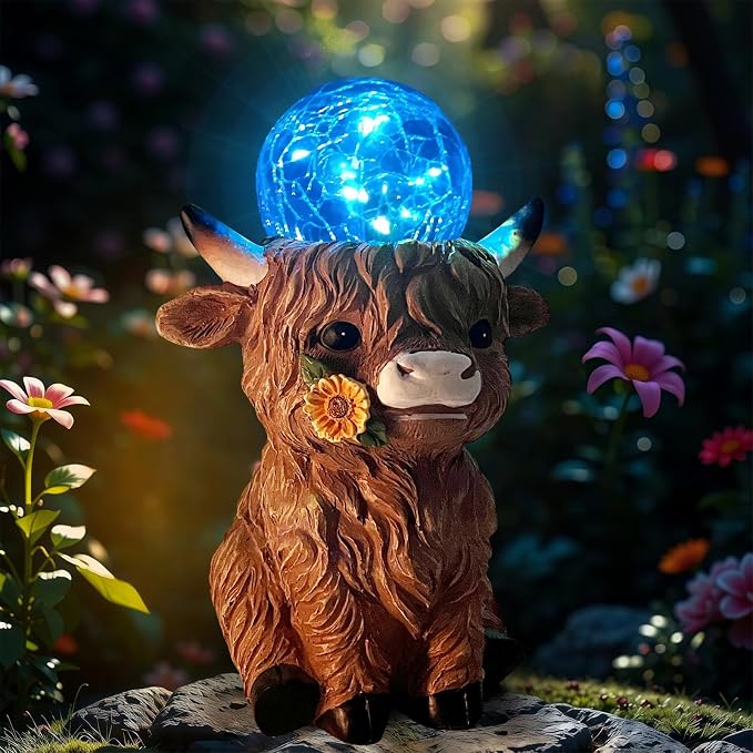 HONGLAND Solar Highland Cow Outdoor Garden Statues, Outside Decor with Color Changing Lights for Yard Lawn Ornaments Porch Patio Balcony Home Farmhouse, Birthday Gifts for Grandma Mom Women