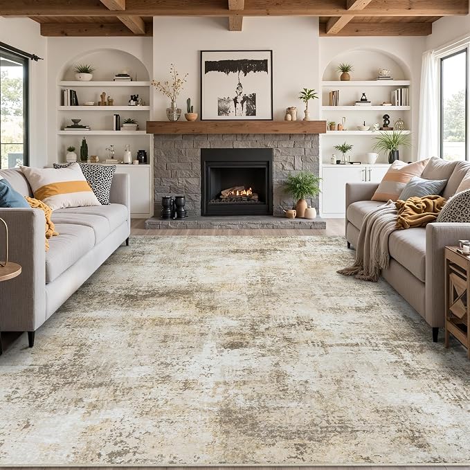 Tosuoka 9x12 Area Rugs for Living Room Abstract Washable Beige Grey Rug | With Anti-Slip Backing，Non-Shedding，Stain-Resistant，Soft Modern Large Carpet for Bedroom Dining Room Farmhouse Nursery