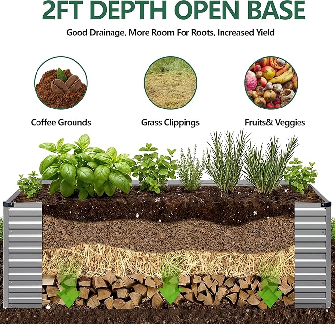 Vengarus 12x2x2FT Galvanized Raised Garden Bed Kit, Deep Root Planter Box Outdoor Large Planter Raised Beds for Planting Flowers,Vegetables and Herbs-Silver