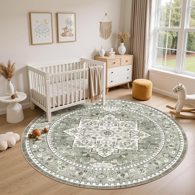 Washable Area Rug-8X8 Vintage Neutral Soft Green | Non Slip Thin Foldable Large Floor Carpet for Living Room Bedroom Kitchen Dining Room Home Office Farmhouse Indoor