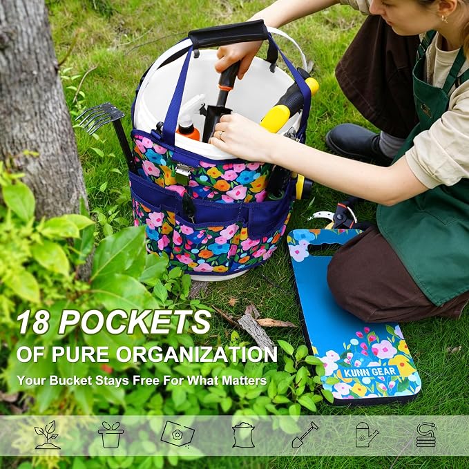 KUNN 5 Gallon Garden Bucket Tool Organizer & Kneeling Pad Set, 18-Pocket Heavy Duty Garden Caddy with Hangable Handle, Polyester Tool Bag with Grip Handle & Gardening Kneeling Pad for Women, Blue