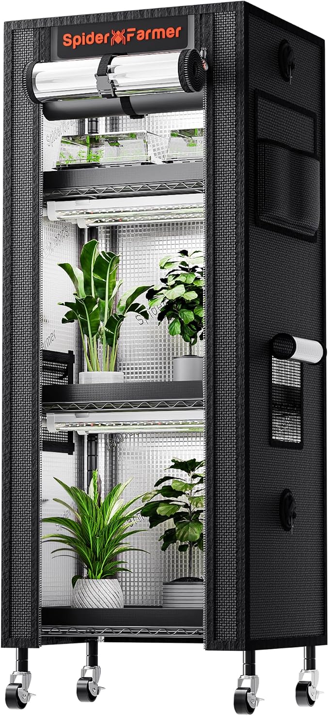 Spider Farmer 2026 Plant Stand with Grow Light, 4-Tier Rack 6Pcs 12" Full Spectrum 5000K LED Grow Lamps and Tent Cover Height Adjustable Small Greenhouse for Seedling Plant Indoor 16Lx12Dx47H (Update)