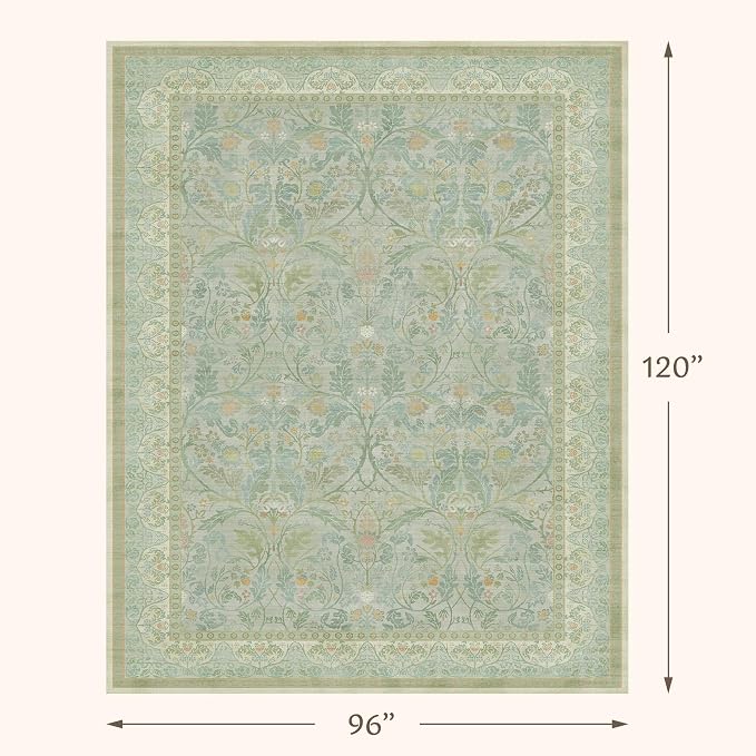 Large 8x10 Bedroom Area Rug, Washable Living Room Rugs, Floral and Botanical Shabby Chic Décor, Non Slip & Low Pile Soft Carpet (Sage Green)