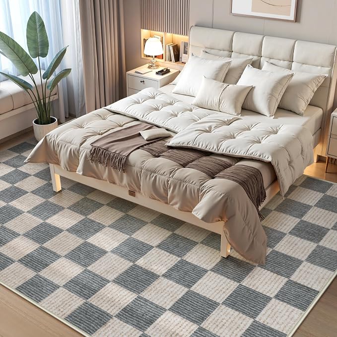 LIVEBOX 8x10 Area Rugs for Living Room, Checkered Non-Slip Washable Rugs, Farmhouse Neutral Classic Geometric Pattern Large Boys Area Rug for bedroom, Carpet for Living Dining Room Office(Grey,8'x10')