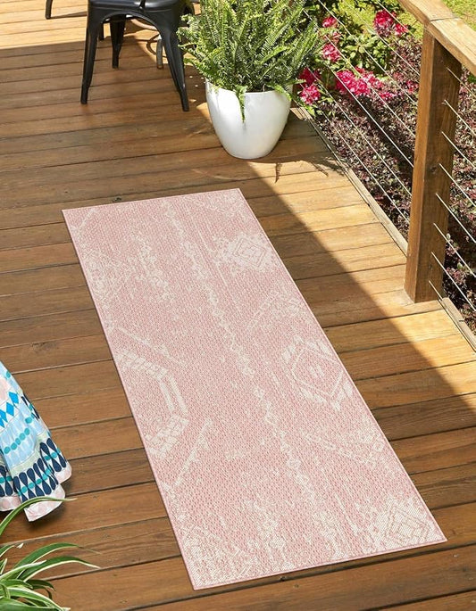 Unique Loom Outdoor Bohemian Collection Area Rug - Anthro (2' 7" x 8' Runner, Pink/ Ivory)