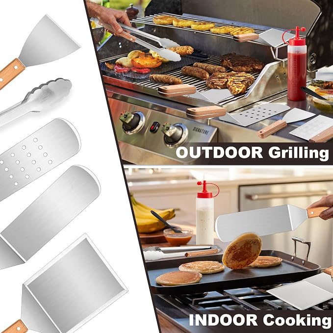 8Pcs Griddle Accessories Kit for Blackstone, Joyfair Flattop Grilling Accessory Tool Set with Stainless Steel burger Spatula Turner, Metal Flipper, For Outdoor BBQ Teppanyaki Hibachi, (Wooden Handles)
