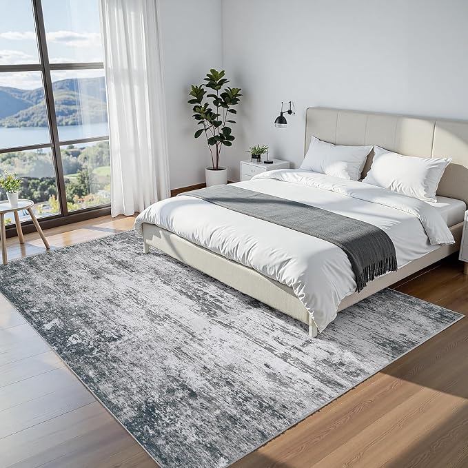 9x12 Area Rugs for Living Room: Washable Soft Gray White Abstract Carpet | Non-Slip TPE & Stain Resistant,0.25" Low-Pile,Kids Pet Friendly Modern Decor for Dining Room Farmhouse Office, Non-Shedding