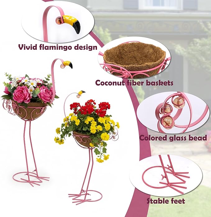 J-Fly Pink Flamingos Metal Potted Plants Holders with Coconut Flower Pots | J-Fly Garden Yard Flamingos Plant Stand Indoor & Outdoor, Floral Garden Christmas Decor, Flower Pots Stand Outdoor, Set of 2