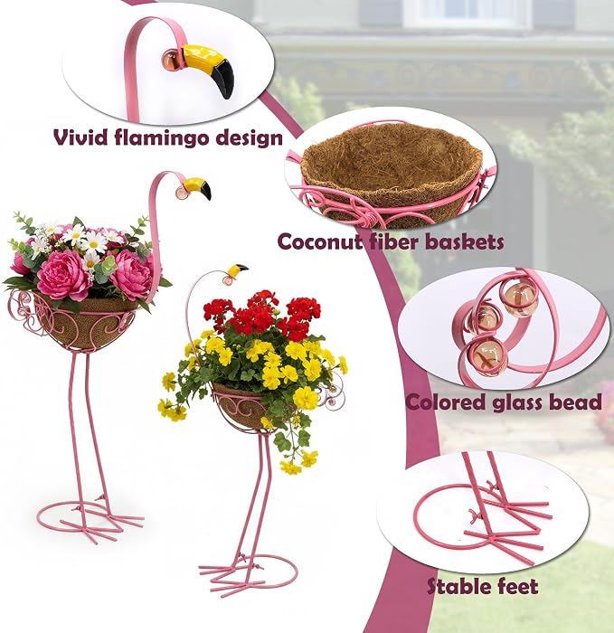 Pink Flamingos Metal Potted Plants Holders with Coconut Flower Pots | Manortang Set of 2 Yard Flamingos Plant Stand Indoor & Outdoor, Floral Garden Christmas Decor, Flower Pot Stand Outdoor