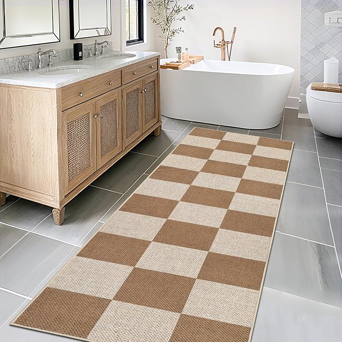 Garvee 2x6 Runner Rug Kitchen Rugs Non Slip Washable Easy Jute Rug, Brown | Modern Checkered Rug Hallway Runner Rug Stain Resistant Easy Cleaning Non Shedding Floor Cover for Laundry Entryway