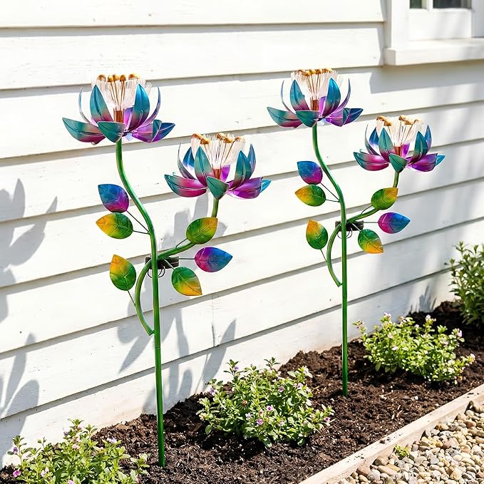 Solar Wind Spinner Outdoor 2-in-1 Garden Decor with LED Lights | Double Lotus Wind Spinner Adds Kinetic Yard Art Charm, Creating A Colorful Rotating Display For Garden Decor, Patio And Lawn