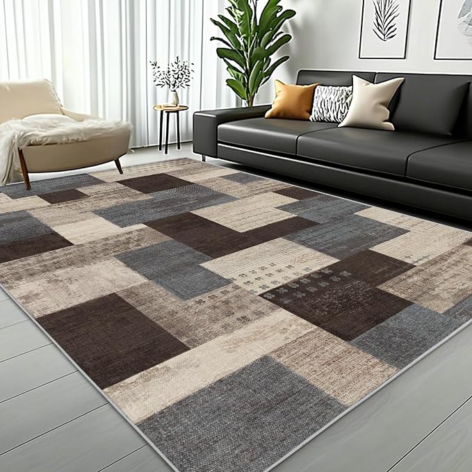 Modern Geometric Patchwork Indoor Blue Area Rug for Living Room | Blue-Taupe 5'x 7' Large Rug Rockwood Collection Hardwood Floors Decor for Bedroom, Throw Carpet for Office Entryway Dining