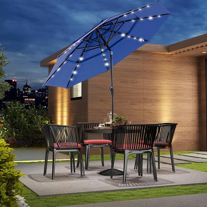 DUMOS Outdoor Solar Patio Umbrella 3 Tiers with 32 LED Lights, Beach Market Table Umbrella with Crank and 8 Sturdy Ribs for Pool, Terrace, Restaurant