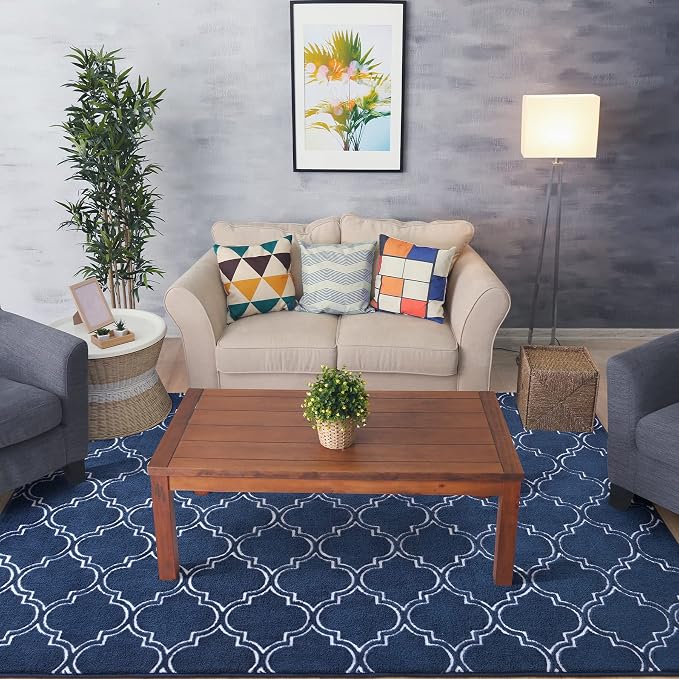 Chicrug 4x6 Shag Geometric Modern Area Rug for Bedroom Living Room | Memory Foam Indoor Carpet, Fluffy Rug for Bedside Room for Family Girls Kids Play Mat, Navy and White