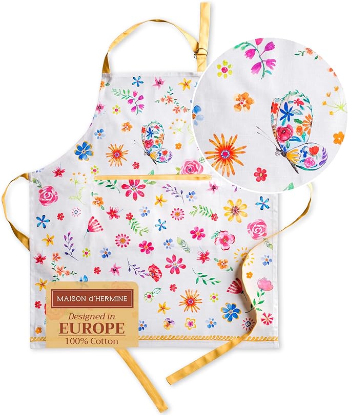 Maison d' Hermine Aprons for women with Pocket 100% Cotton (27.50"x31.50") | Adjustable Neck Strap & long ties Apron Men Chef Wedding Cooking Gardening Server Maid