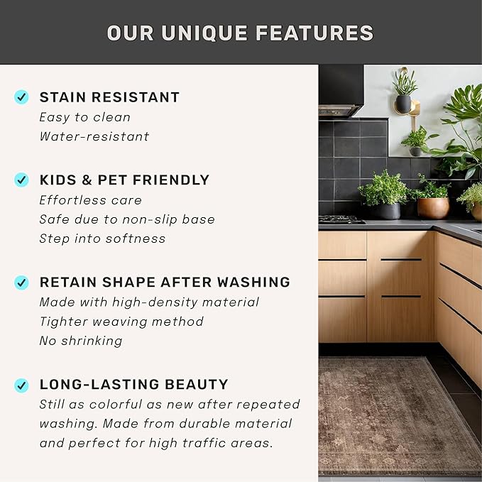 Brown Washable 3x20 Extra Long Hallway Runner Rug, Neutral Boho Large Kitchen Floor Rug Indoor, Non-Slip Stain & Fade Resistant, Vintage Dark Earthy Taupe Floral Décor (3x20 Brown)