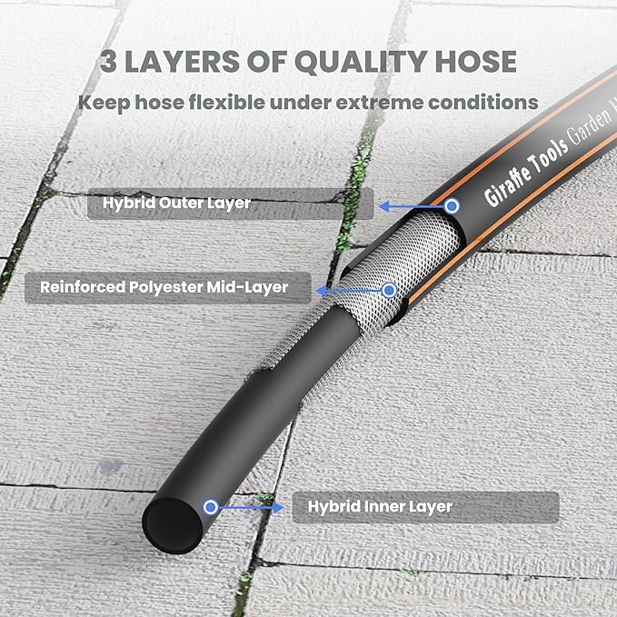 Giraffe Tools Hybrid Garden Hose 5/8" x 50ft, Male and Female Fittings with Shut off Valve, Flexible,Heavy Duty, Leakproof, Lightweight Water Hose