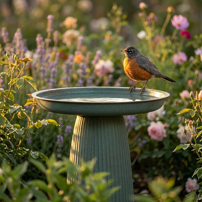 Sunnydaze Gleeful Garden 23" Iron Pedestal Bird Bath for Outside - Modern Shallow Basin Birdbath for Outdoors with UV-Protected Rust-Resistant Finish for Patio, Garden, Yard Decor - Matte Green
