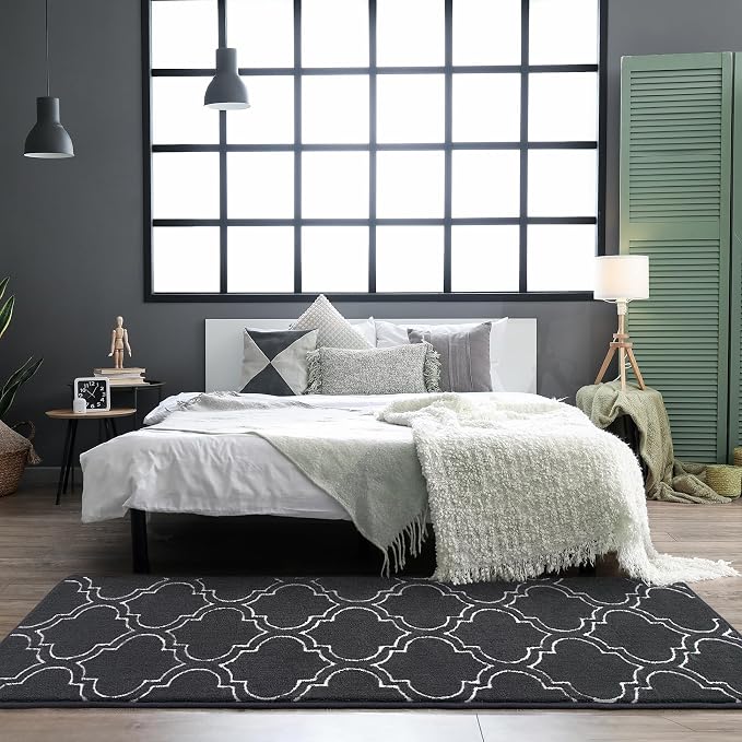 Chicrug 2x6 Shag Geometric Modern Runner Rug for Bedroom Hallway | Memory Foam Indoor Runner Carpet, Fluffy Rug for Living Room Bedside Room for Family, Dark Grey and White