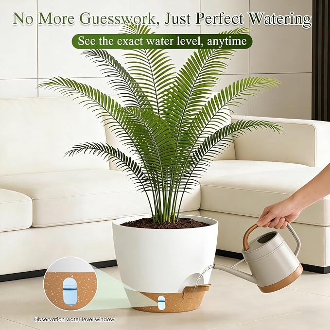 Plant Pots, 1 Pack 12 Inch Self Watering Pots with Drainage Holes, Water Level Indicator Deep Reservoir, Large Planters for Indoor Outdoor Plants - White Brown