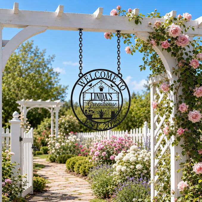 Personalized Hanging Garden Sign, Custom Metal Garden Name Sign for Outside, Outdoor Garden Decor, Yard Patio Flower Bed Decor, Gifts for Gardeners, Mom, Grandma, Housewarming