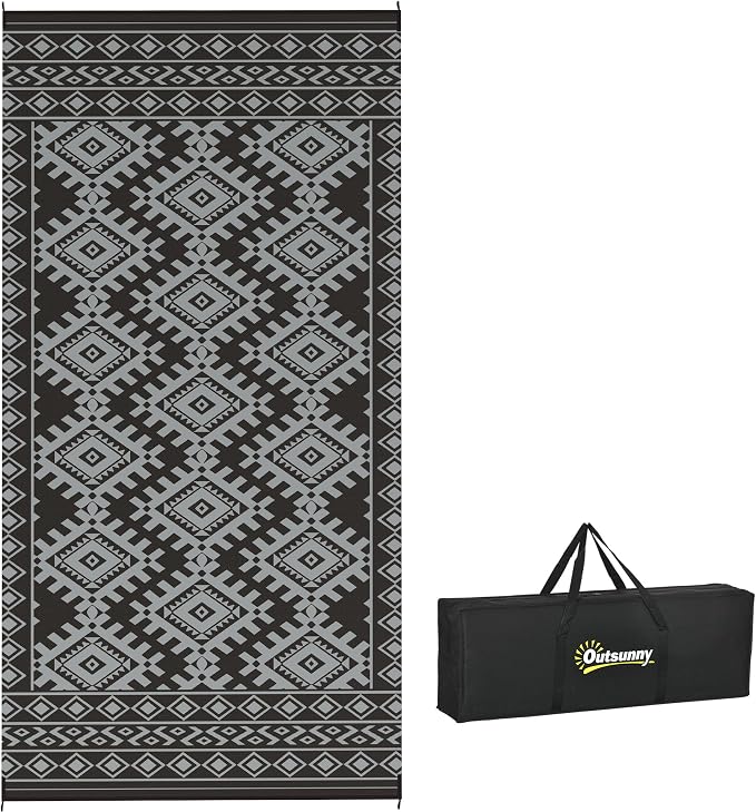 Outsunny Outdoor Rug for Patio, 9' x 18' Waterproof Large Mat, Reversible Plastic Straw Rug for Decor, Portable Outside RV Camping Area Carpet Mat for Backyard Porch Deck Picnic, Black & Gray Rhombus