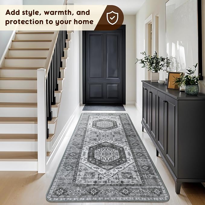 LBRO2M Machine Washable Rug Soft Pet Friendly Carpet 2X6 Dark Gray | Persian Runner Rug 2X6 for HallWay, Bedroom, Kitchen, Laundry Room, Non Slip Carpet, Foldable Stain Resistant Rugs