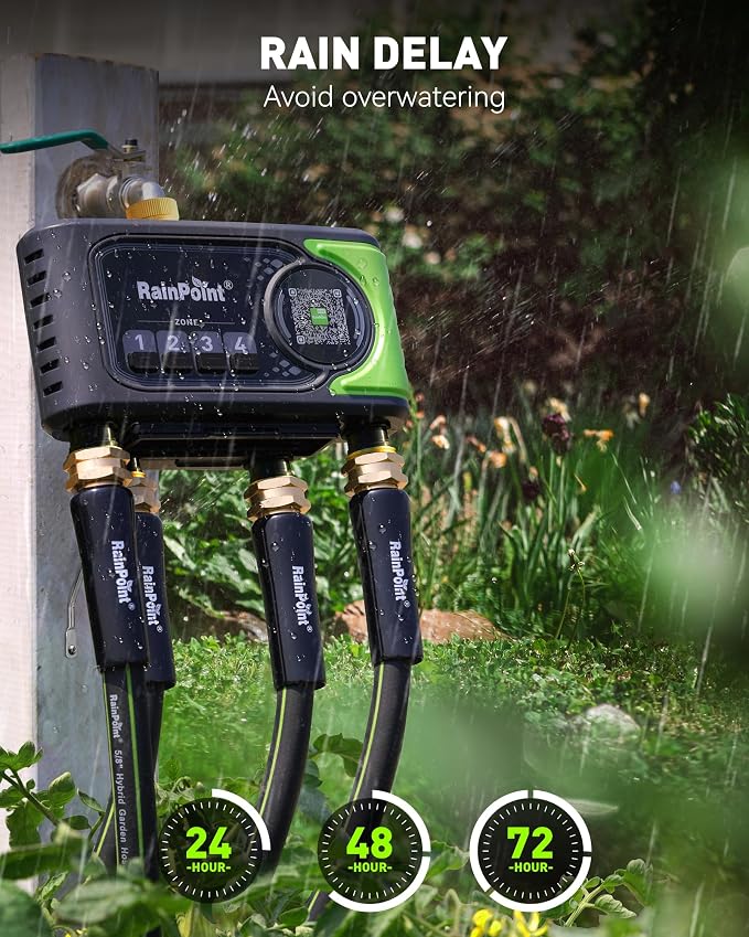 RAINPOINT 4 Zone WiFi Sprinkler Timer Without hub, 2027 New Version for Garden Hose, Outdoor Hose Water Timer with Brass Ports, APP & Voice Custom Irrigation Programs