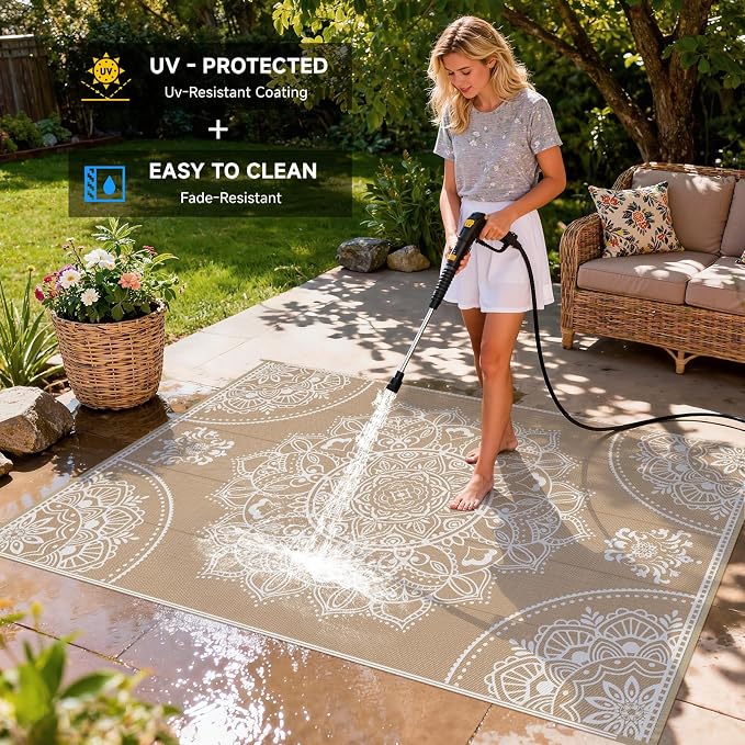 Pauwer Waterproof Outdoor Rug 6x9, Reversible Plastic Straw Patio Camping Rug, Indoor Outdoor RV Mat Carpet for Deck, Camper, Porch, Balcony, Backyard, Picnic, Floral Brown