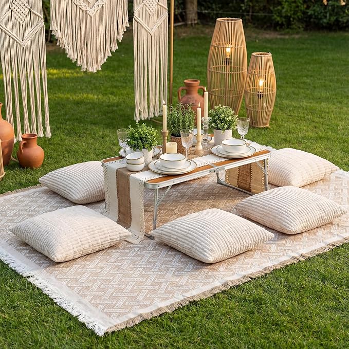 9 Pcs Extra Large Outdoor Boho Picnic Blanket 91'' x 71'' Folding Camping Table Beige White Table Runner 6 Throw Pillow with Pillow Cores Woven Cotton Yarn for Camping Garden Beach Wedding