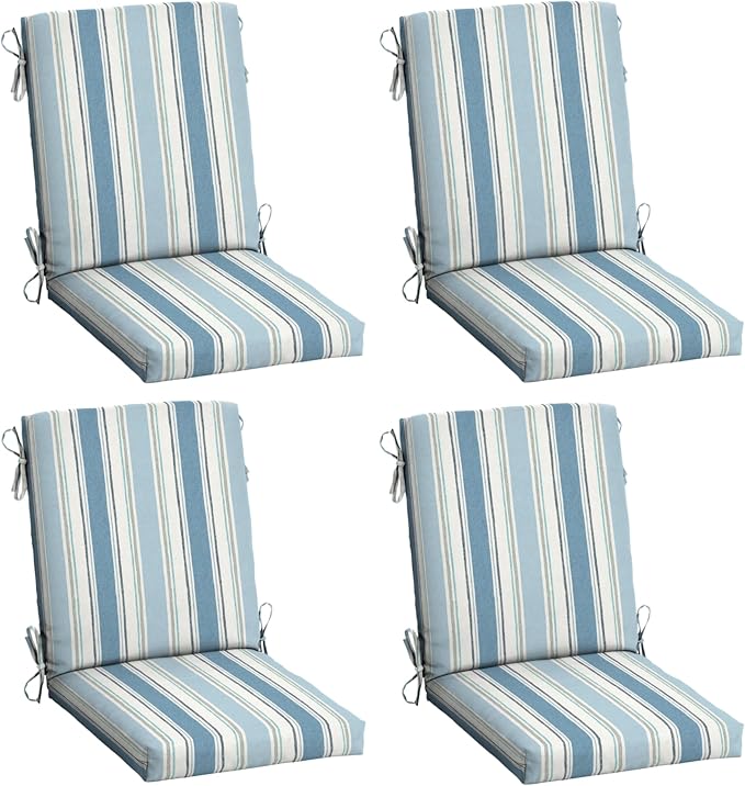 Arden 4-Pack Outdoor Patio Dining Chair Cushion, 20 x 44, Rain-Proof Seat Pad, Fade-Resistant Outdoor Cushion French Blue Linen Stripe