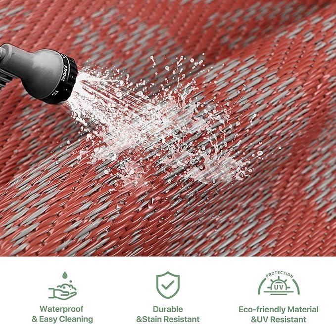 GENIMO Outdoor Rug Waterproof for Patio Decor, 8' x 10' Reversible Plastic Straw Floral Camping Carpet, Large Area Rugs Mats for RV, Camper, Deck, Balcony, Porch, Beach, Picnic, Red & Grey