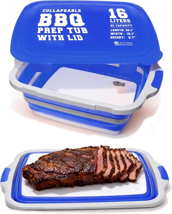 KITCHEN PERFECTION Collapsible XL Smoker & BBQ Prep Tub with Locking Lid | Includes Cutting Board, Meat Marinade & Brine Container For Turkey, Brisket & Ribs - Best Grill Accessories Gifts For Men
