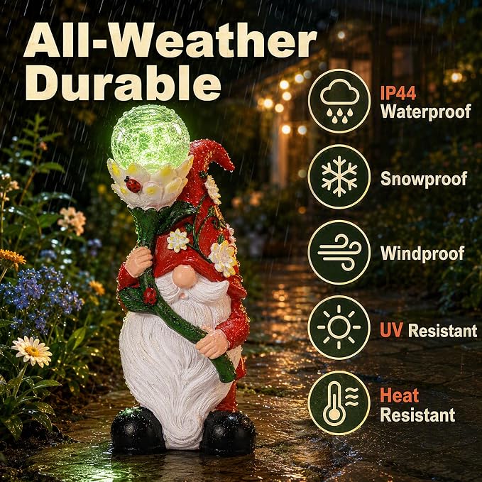 Garden Gnomes Outdoor, Solar Gnome Statue with Ladybugs Flower Decor for Yard, Garden, Patio, Balcony, Porch, Lawn Decor, Funny Gnome Gift for Mom Women Grandma