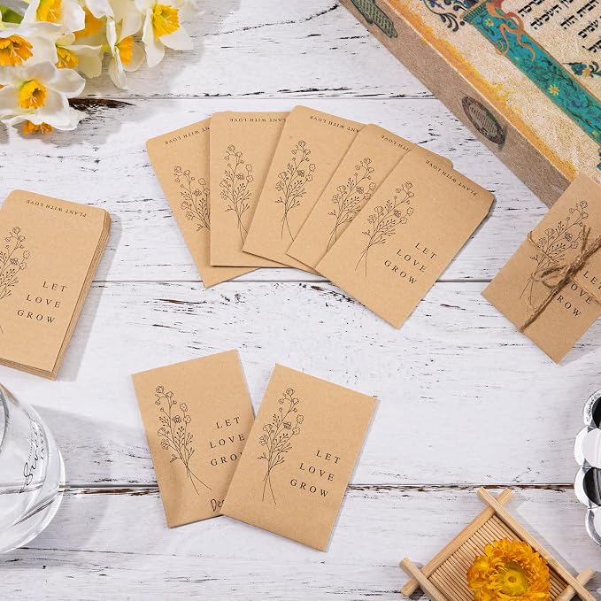Whaline 200 Pack Wedding Favor Seed Packets Spring Summer Self-Adhesive Let Love Grow Retro Kraft Envelope Rustic Small Flower Seeds Storage Packets for Garden Wedding Party Favors, 3.5 x 2.4 Inch