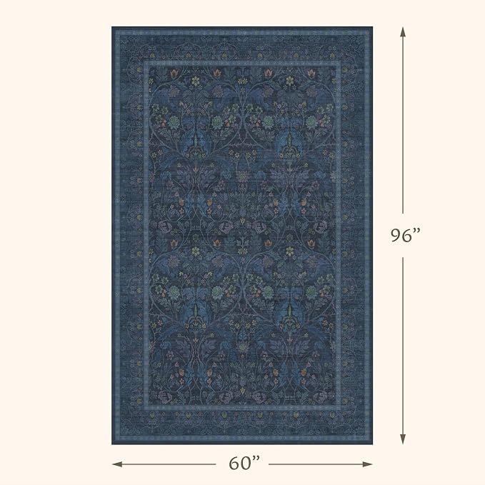 Dark Blue 5x8 Boho Living Room Rug - Small Washable Rugs for Dining Room, Non Skid & Low Pile Soft Carpet for Bedroom Under Bed, Nature Botanical Pattern Mats