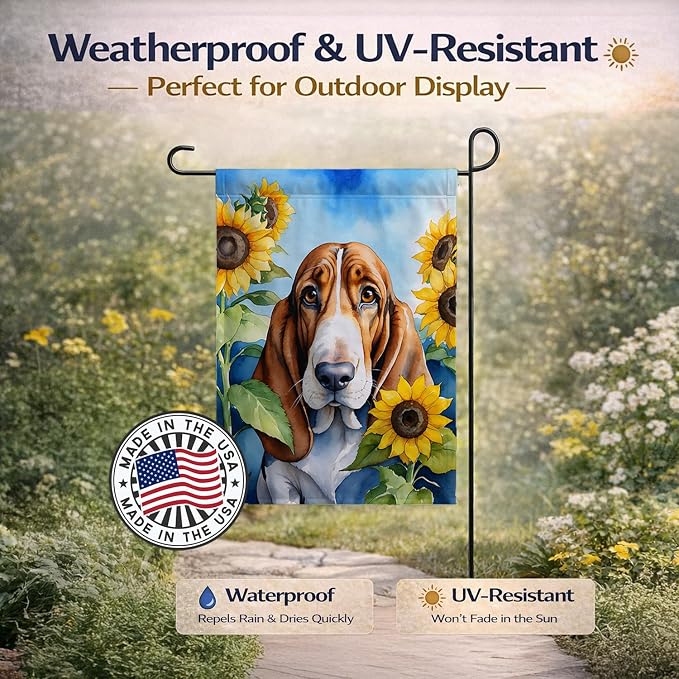 Caroline's Treasures DAC6017GF Basset Hound in Sunflowers Garden Flag Mailbox Flag Decorative Yard Flag Banner Outside Patio Artwork Yard Flower Beds, Garden Size, Multicolor