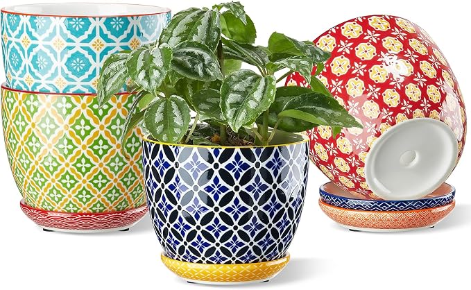 Metahom Ceramic Plant Pots, 4.9 Inch Flower Pots with Drainage Hole & Saucer, Colorful Planter Pots for Houseplants, Succulent, Catus, Home Decor, Set of 4, Vibrant Colors